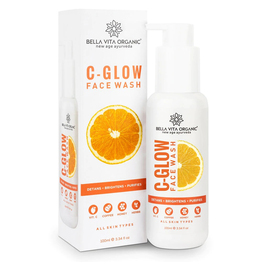 Bella Vita Organic C-Glow Face Wash packaging with an orange on a white background