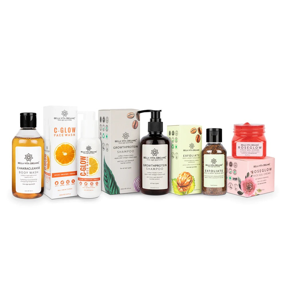 Collection of skincare and hair care products with visible branding on a white background