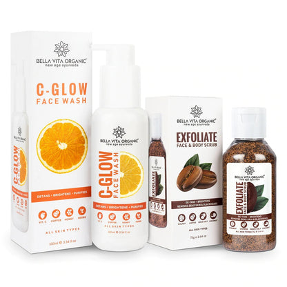 Bella Vita Organic skincare products including C-Glow Face Wash and Exfoliate Face & Body Scrub on a white background.
