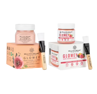 A set of Bella Vita Organic skin care products including Glowey Mask, Glowey Scrub, and Glowey Cleanse in packaging displaying the product name and organic ingredients.