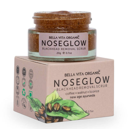 Bella Vita Organic Noseglow blackhead removal scrub jar and packaging on a white background