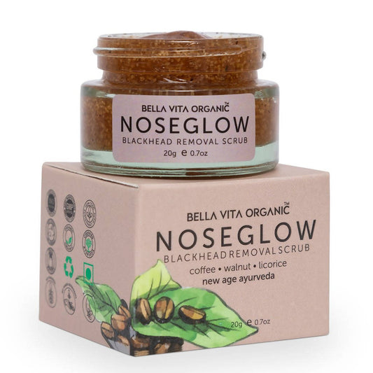 Bella Vita Organic Noseglow blackhead removal scrub jar and packaging on a white background