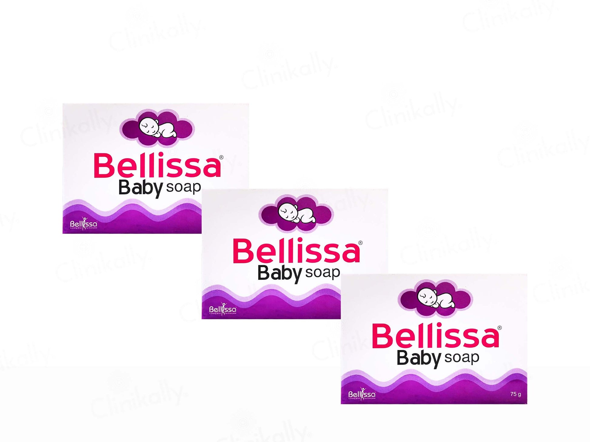 Three boxes of Bellissa Baby soap on a white background