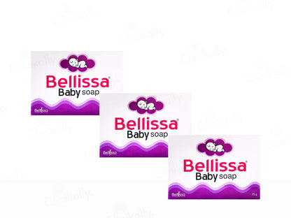 Three boxes of Bellissa Baby soap on a white background