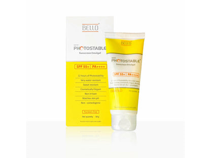 Bello Photostable sunscreen gel with packaging on a white background