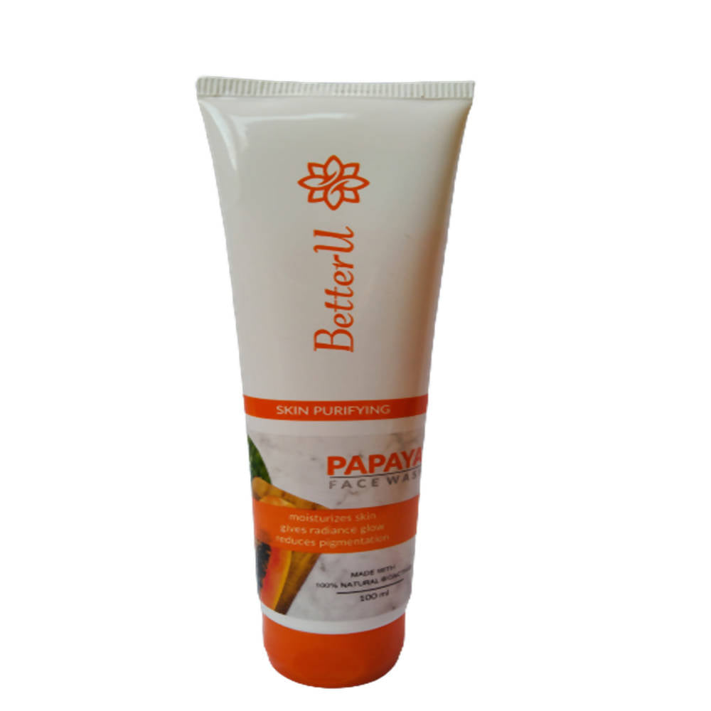 A tube of BetterU Papaya Face Wash with product information and branding visible.