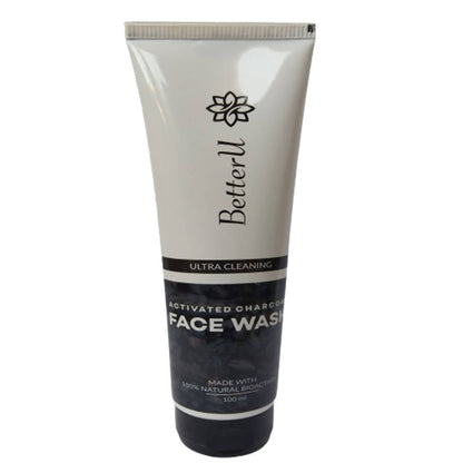 Tube of BetterU activated charcoal face wash on a white background