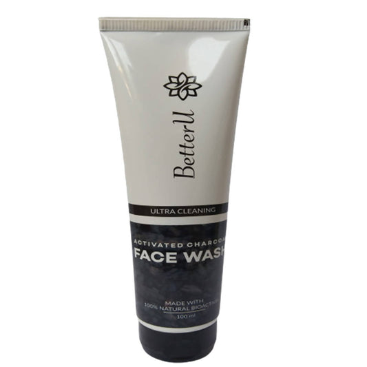 Tube of BetterU activated charcoal face wash on a white background