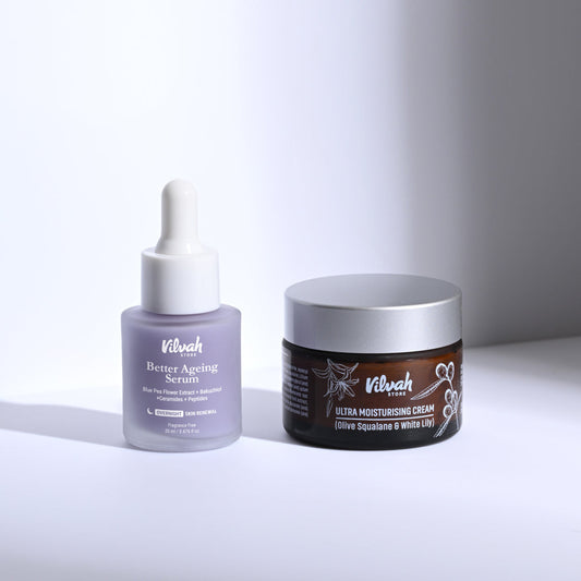 Vilvah skincare products including a serum and cream on a white background