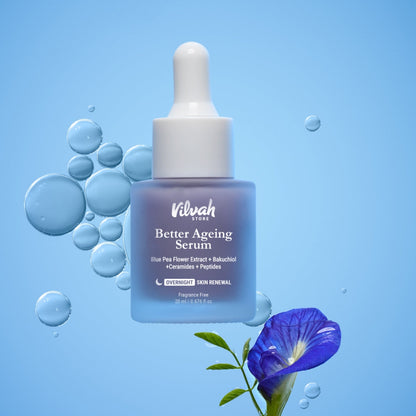 Viluh Better Ageing Serum bottle with dropper on a blue background with bubbles and a flower.