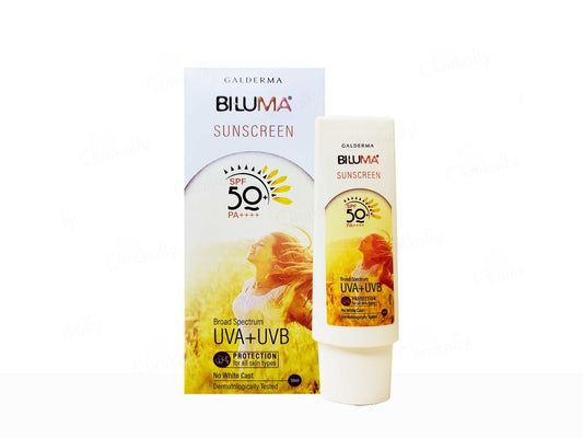 Bluma Sunscreen packaging and bottle on a white background