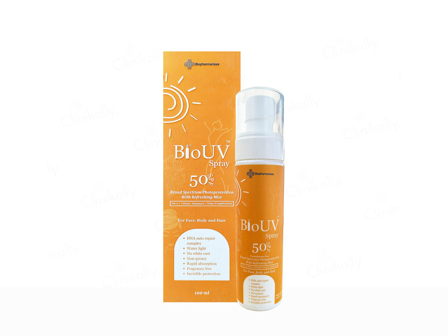 BioUV spray bottle and packaging on a white background
