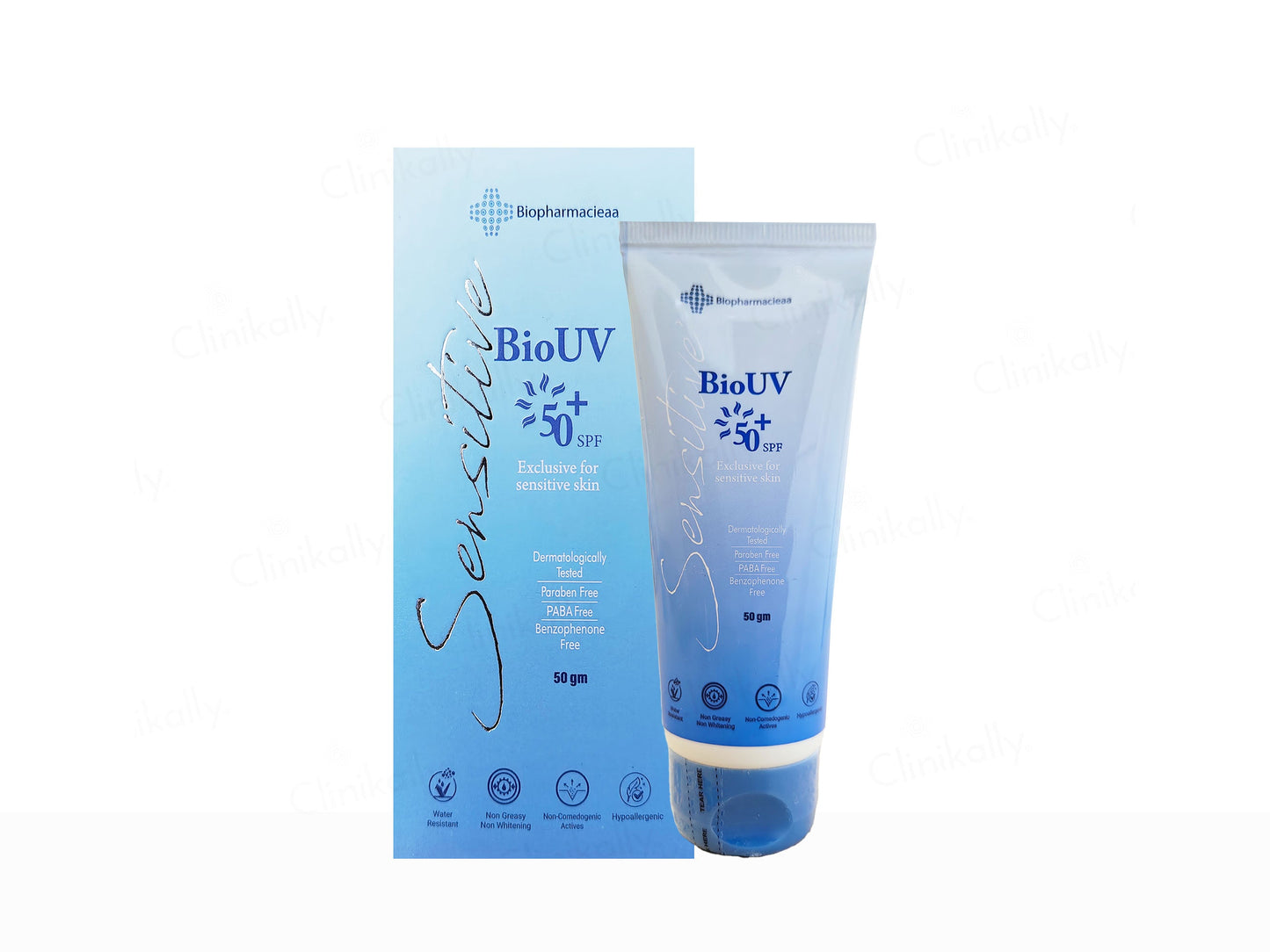BioUV Sensitive sunscreen tube and packaging on a white background