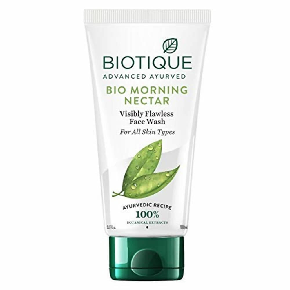 A tube of Biotique Advanced Ayurveda Bio Morning Nectar Visibly Flawless Face Wash with green accents on the packaging.