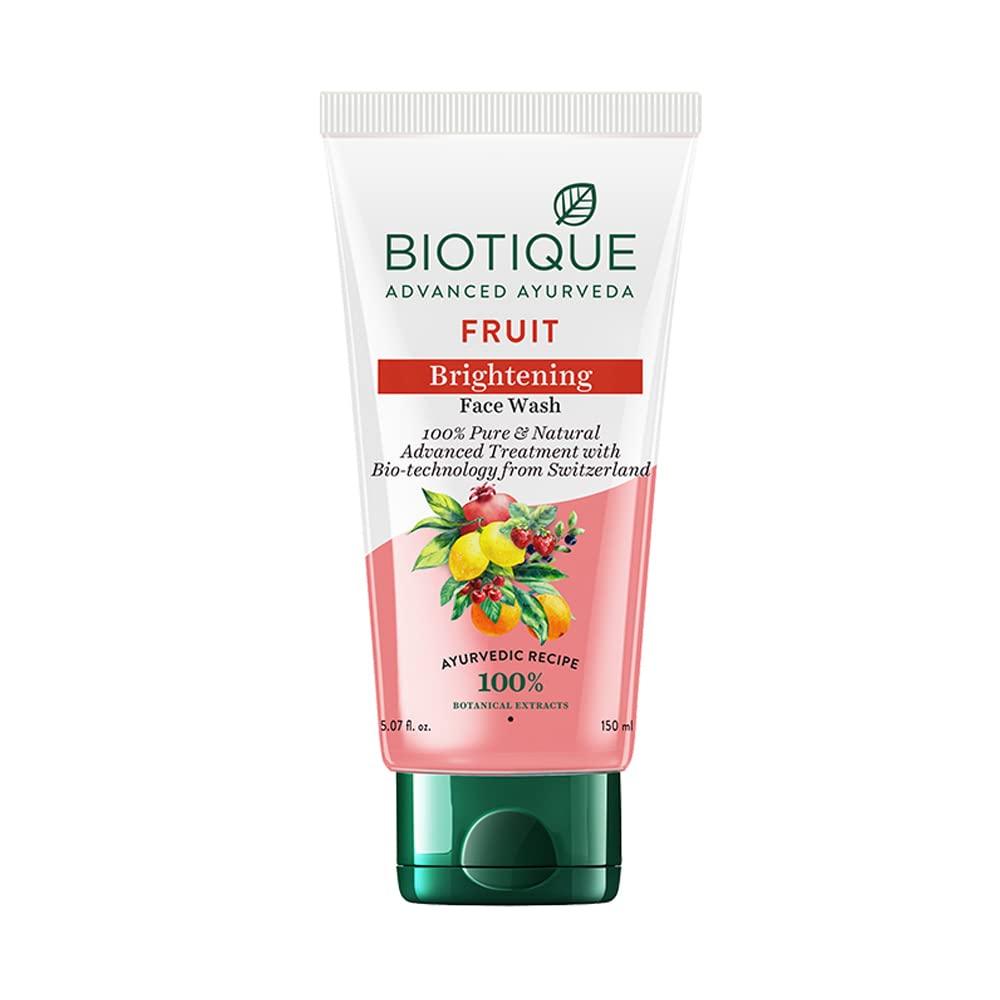 A tube of Biotique Advanced Ayurveda Fruit Brightening Face Wash with images of fruits and flowers on the label.