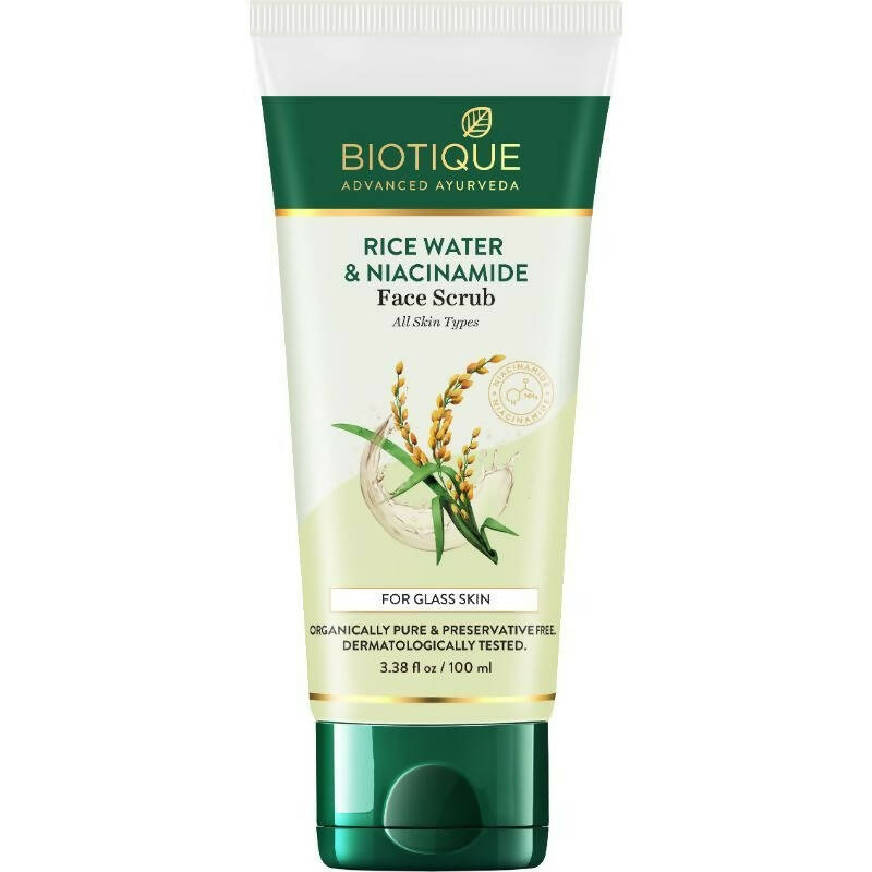 Biotique Rice Water & Niacinamide Face Scrub tube on a white background