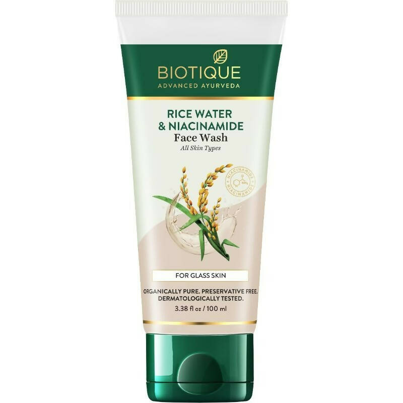 Biotique Rice Water & Niacinamide Face Wash tube on a white background