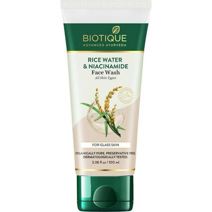 Biotique Rice Water & Niacinamide Face Wash tube on a white background