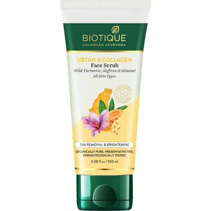 Biotique Ubtan & Collagen Face Scrub tube on a white background
