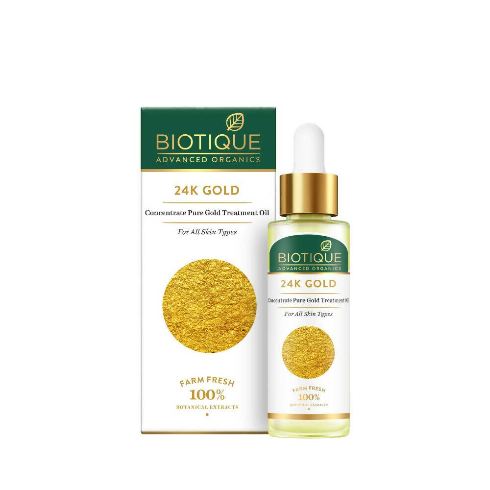 Biotique 24K Gold treatment oil bottle and packaging on a white background