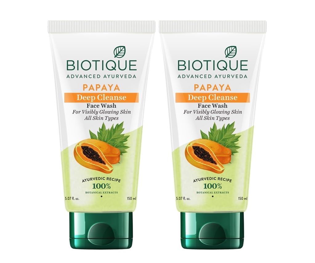 Two tubes of Biotique Bio Papaya Deep Cleanse Face Wash with green and white packaging, featuring an image of a ripe papaya and product details.