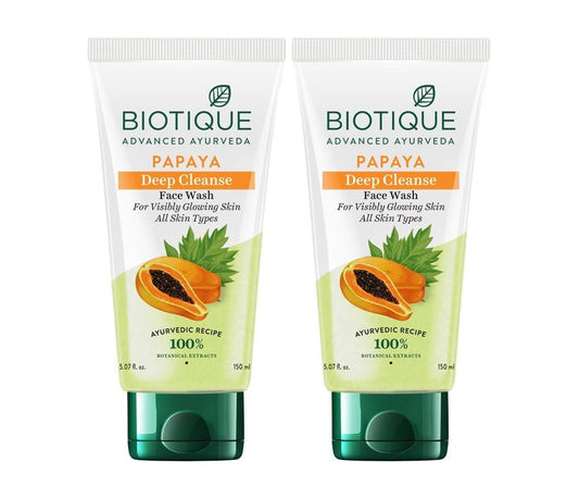 Two tubes of Biotique Bio Papaya Deep Cleanse Face Wash with green and white packaging, featuring an image of a ripe papaya and product details.