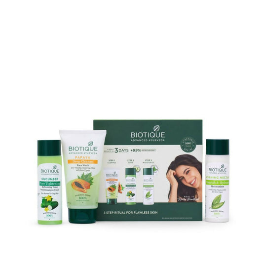 Biotique skincare product set with face wash, toner, and other items on a white background