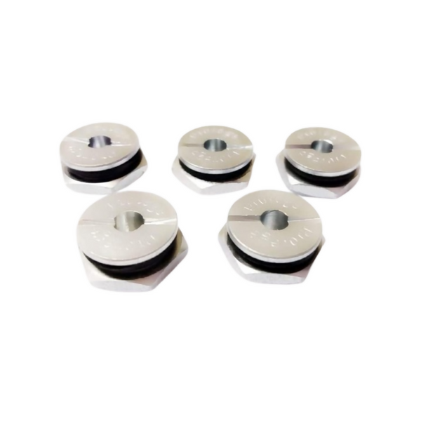 Five spools of thread on a white background