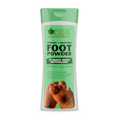 Bliss of Earth foot powder packaging on a white background