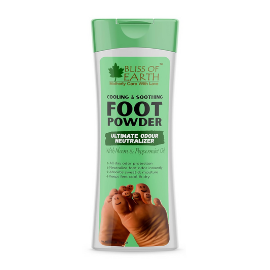 Bliss of Earth foot powder packaging on a white background
