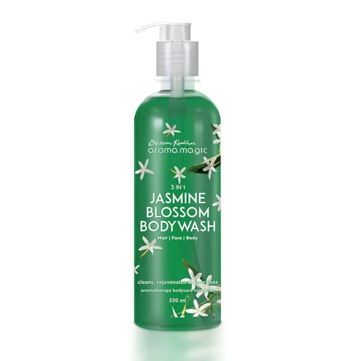 Green bottle of Jasmine Blossom Body Wash with white flowers on a white background