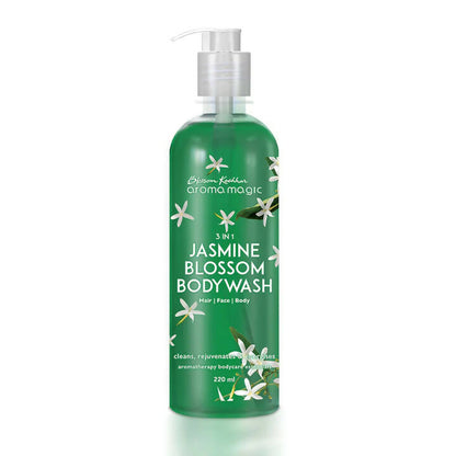 Green bottle of Jasmine Blossom Body Wash with white flowers on a white background
