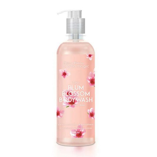 Plum Blossom body wash bottle with floral design on a white background