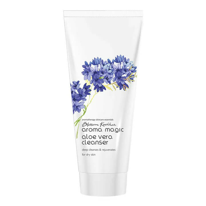 Tube of aloe vera cleanser with floral design on a white background
