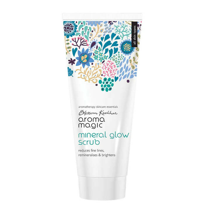 Aroma Magic mineral glow scrub packaging with floral design on a white background