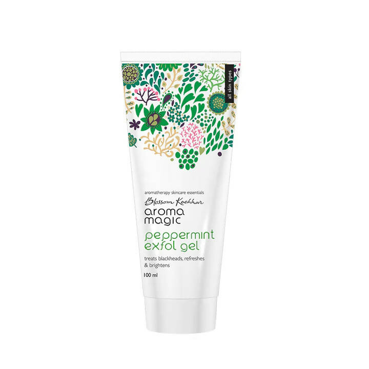 Aroma Magic peppermint exfol gel tube with floral design on a white background
