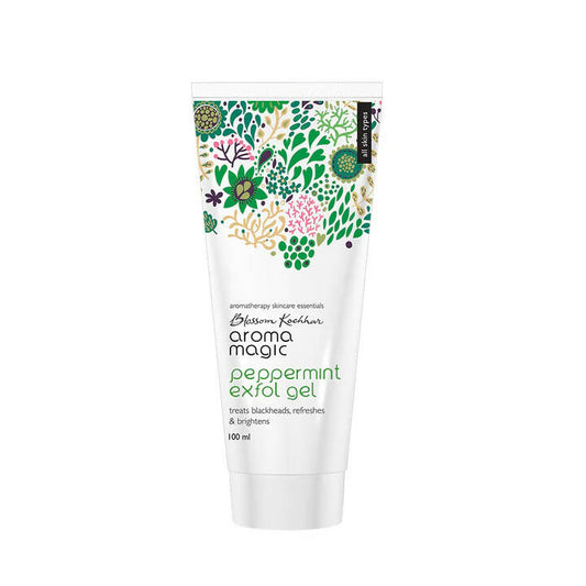 Aroma Magic peppermint exfol gel tube with floral design on a white background