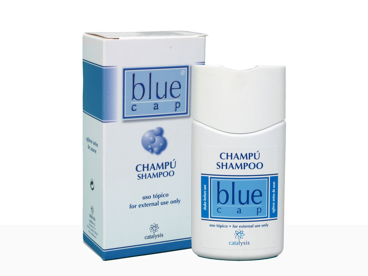Blue Cap shampoo bottle and packaging on a white background