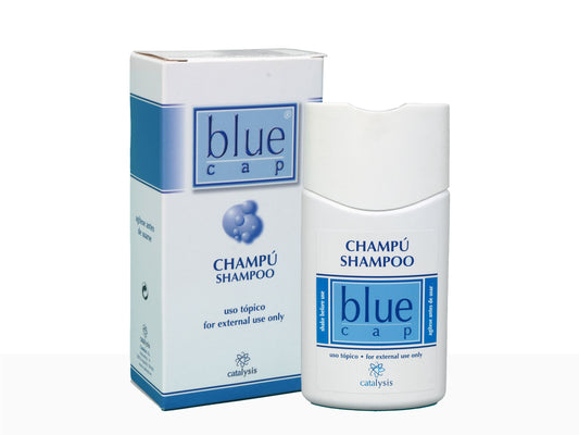 Blue Cap shampoo bottle and packaging on a white background
