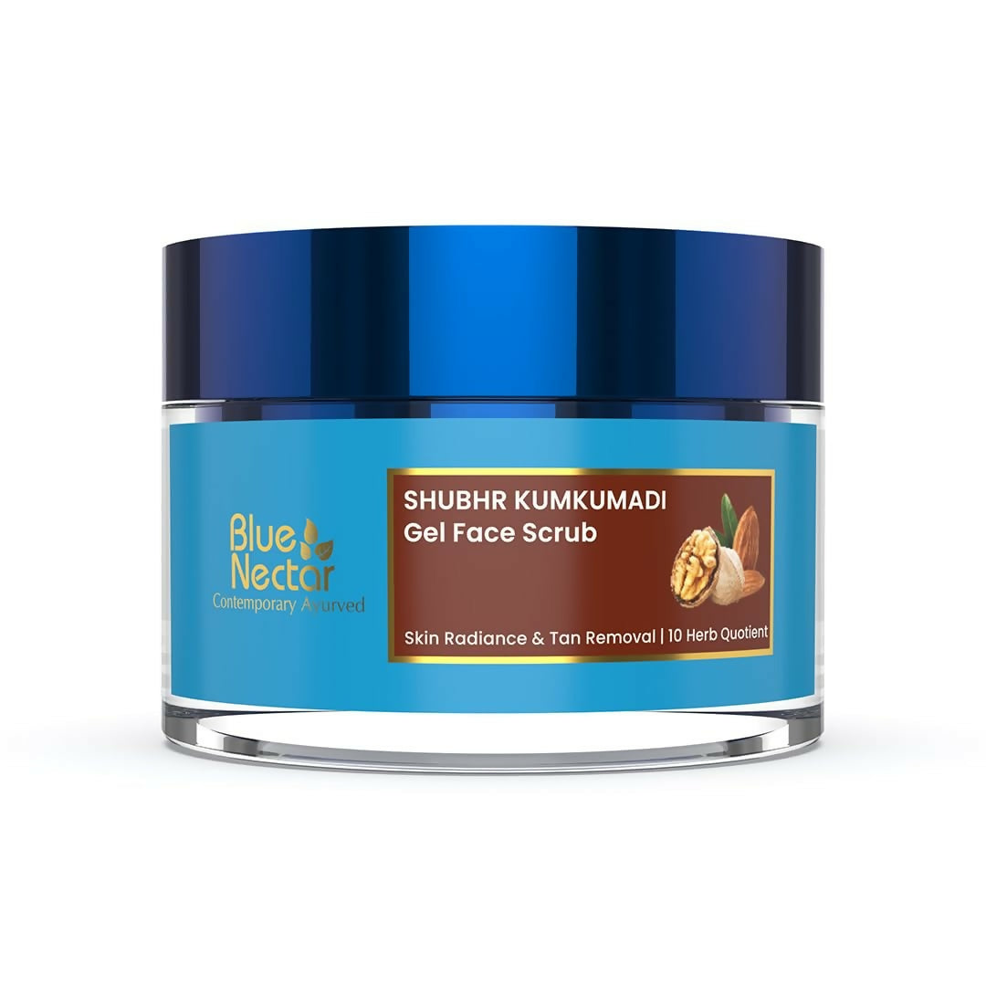 Blue Nectar Shubhr Kumkumadi Gel Face Scrub jar on a white background
