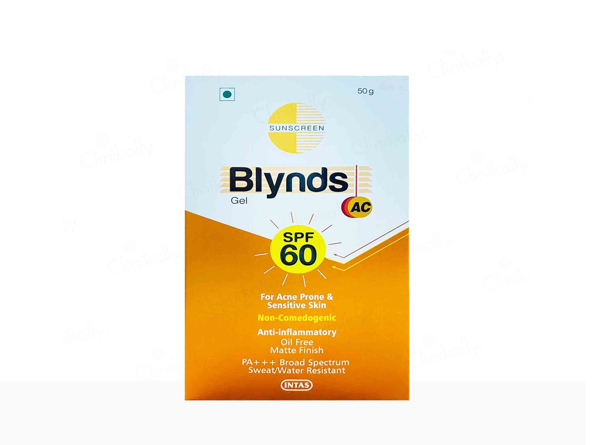 Blynds AC sunscreen gel packaging with SPF 60 on a white background