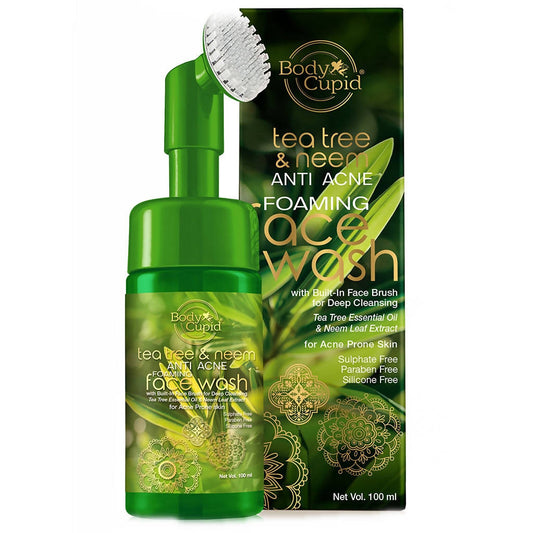 Green face wash bottle with brush and packaging labeled 'Body Cupid' on a white background
