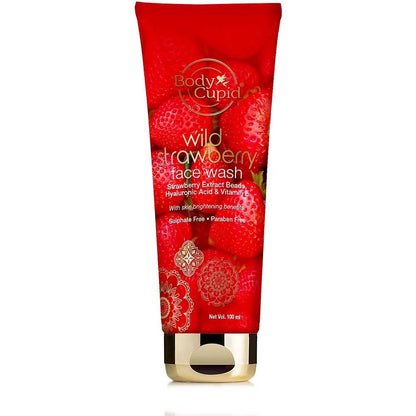 Red tube of Body Cupid wild strawberry face wash on a white background