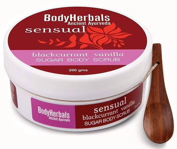 BodyHerbals Sensual blackcurrant vanilla sugar body scrub with a wooden scoop on a white background