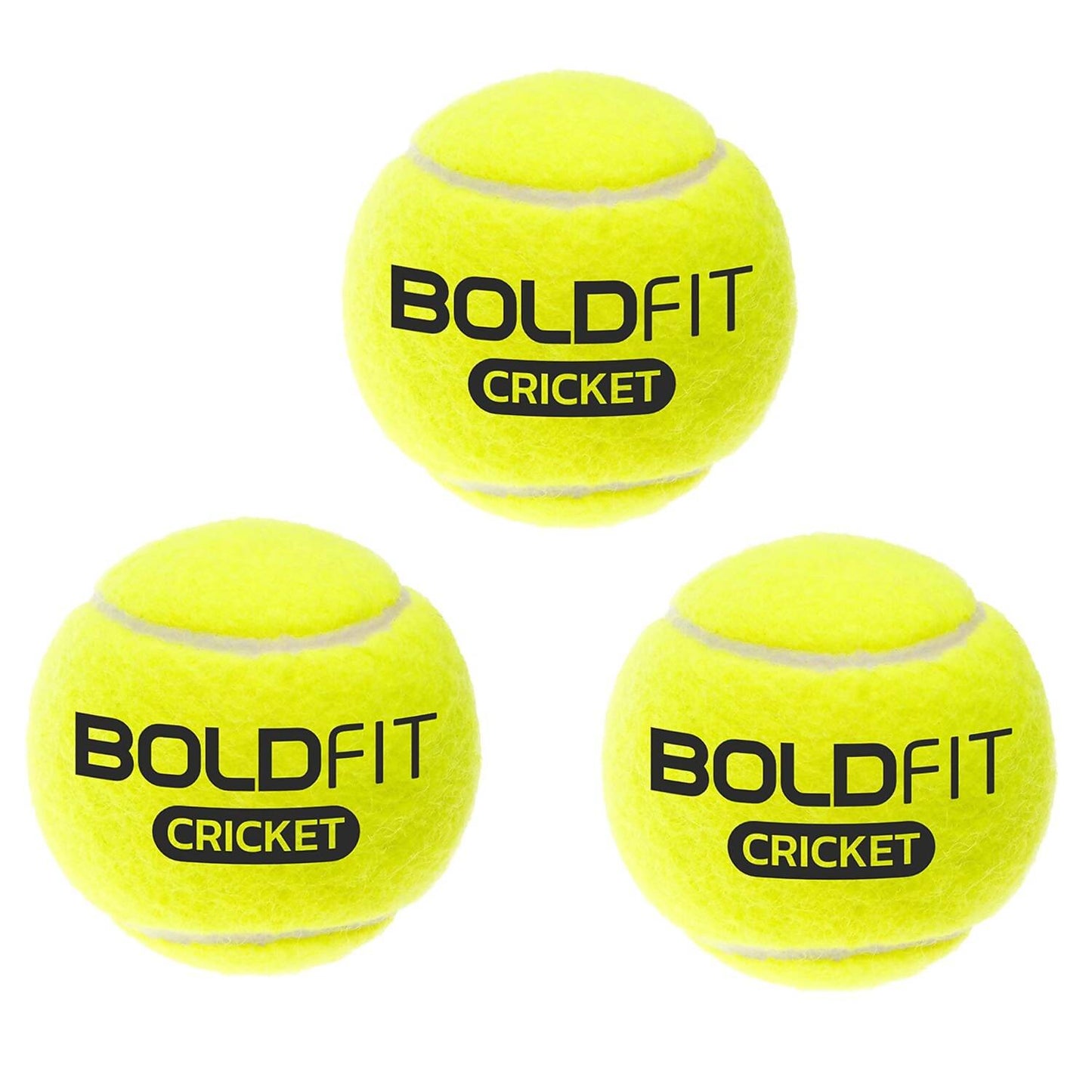 Three yellowBoldFit Cricket tennis balls on a white background