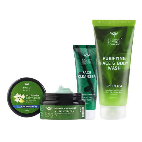 Green skincare product set from the Bombay Shaving Company on a white background