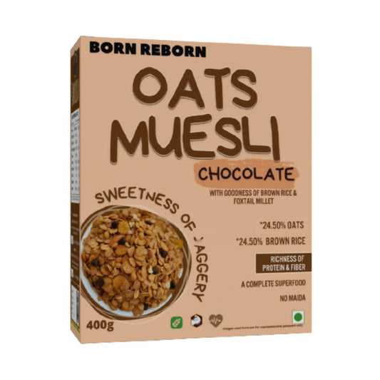 Box of Born Reborn Oats Muesli Chocolate flavor on a white background