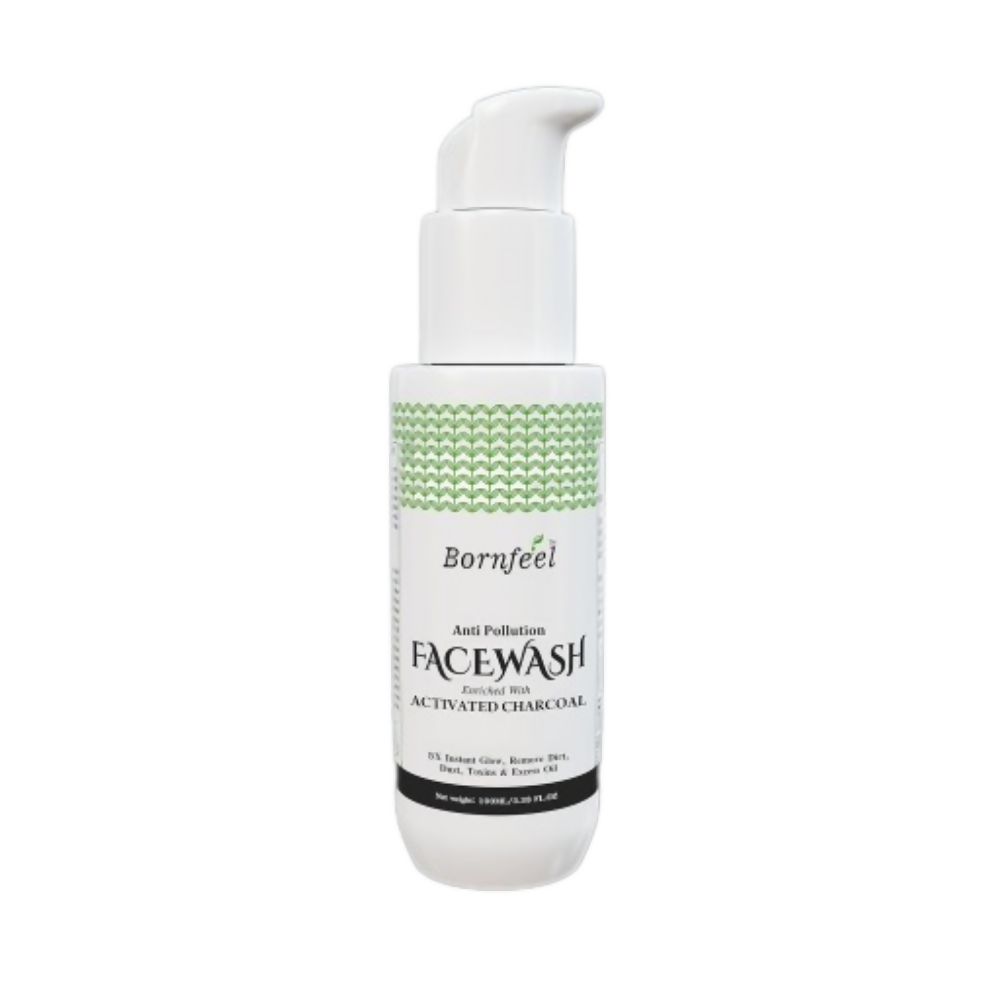 Bottle of Bornfeel face wash with a white pump on a white background
