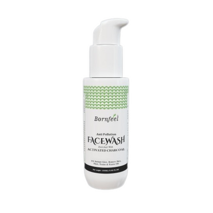Bottle of Bornfeel face wash with a white pump on a white background