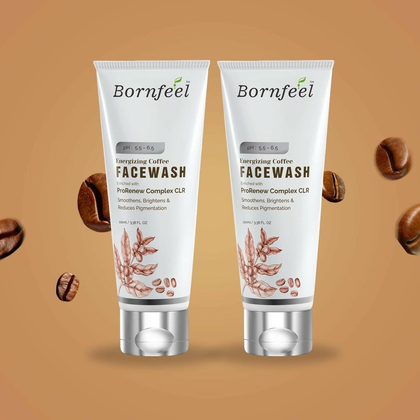 Two tubes of Bornfeel Coffee Facewash on a brown background with coffee beans.